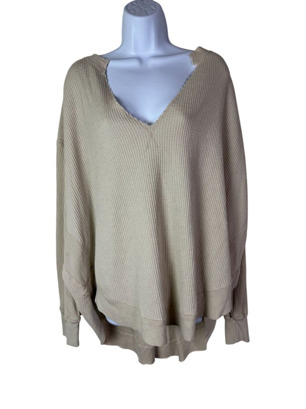 Free People Owen Thermal Knit Beige Waffle Knit Oversized V-Neck Sweater Large
